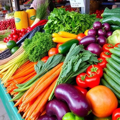 A colorful display of fresh vegetables arranged in a market style