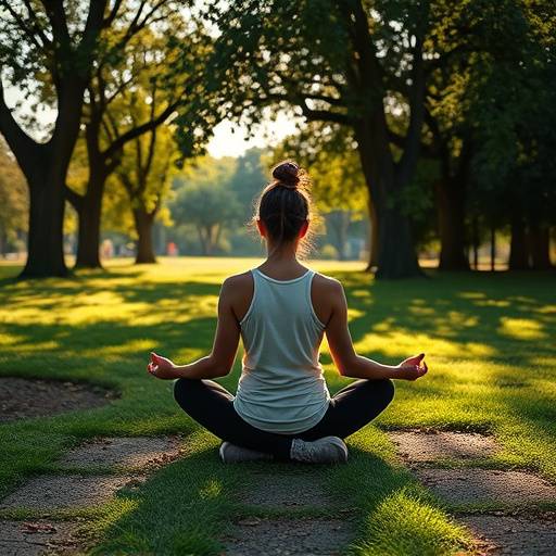 Person meditating peacefully in a park, surrounded by nature